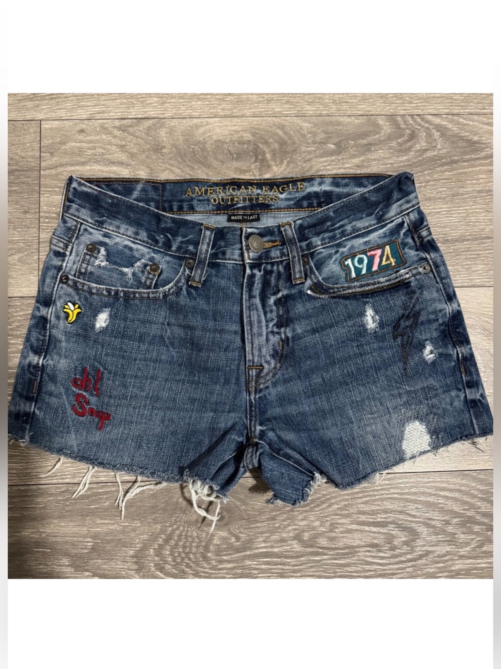 American Eagle Out. W28” Distressed, Patchwork Denim Cutoff Shorts